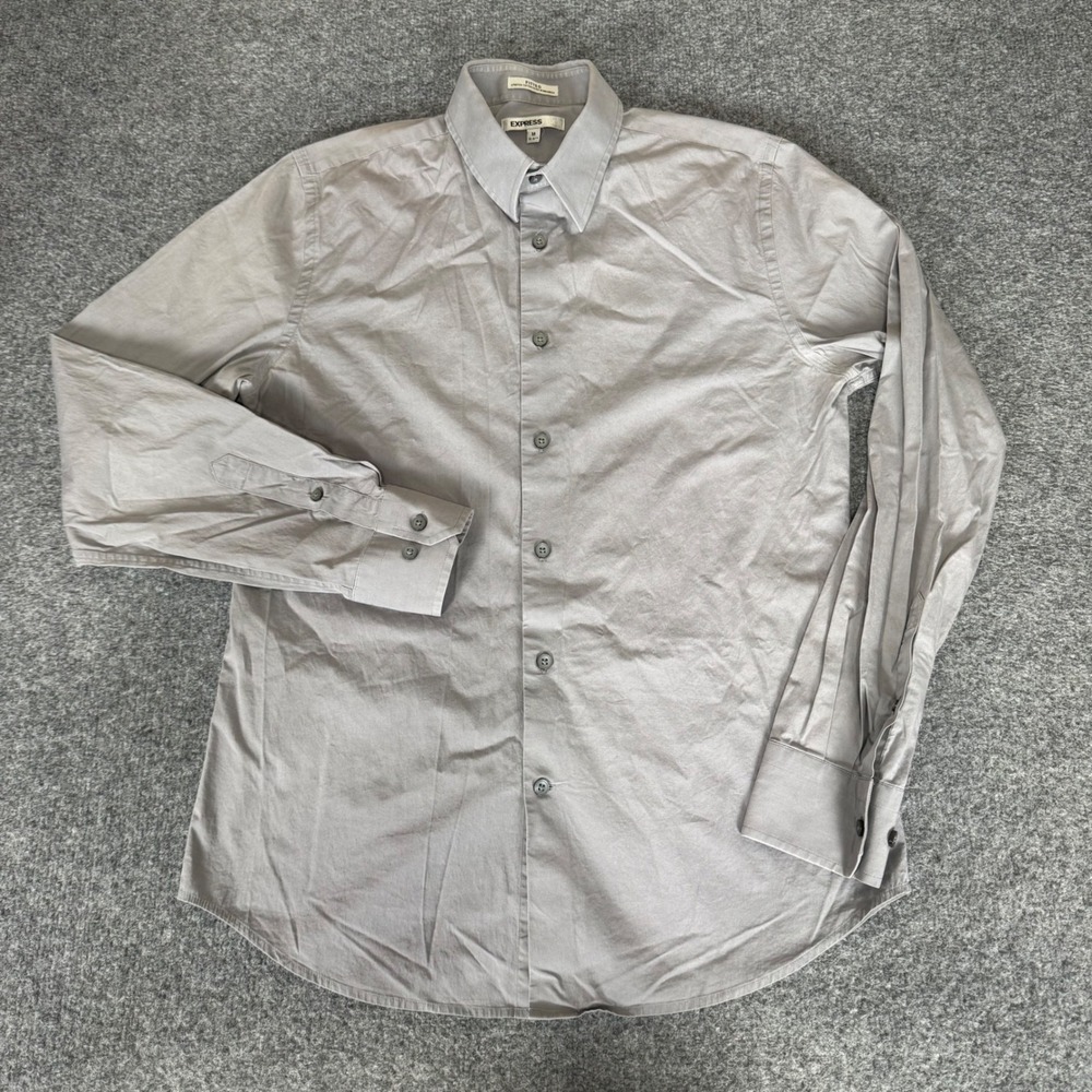 Express MX Mens Fitted Stretch Cotton Button Down Shirt Grey Size M 15-15.5